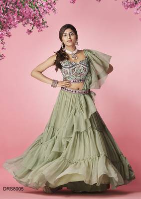Delightful Olive green hand work & thread embroidered chiffon semi stitched wedding lehenga 1