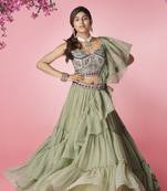 Delightful Olive green hand work & thread embroidered chiffon semi stitched wedding lehenga