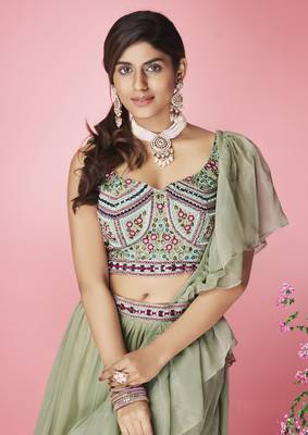 Delightful Olive green hand work & thread embroidered chiffon semi stitched wedding lehenga 2
