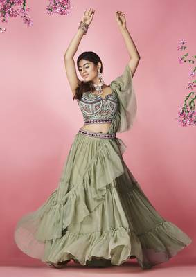 Delightful Olive green hand work & thread embroidered chiffon semi stitched wedding lehenga 4