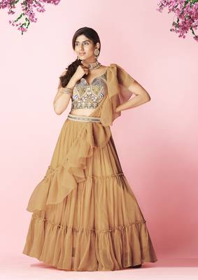 Orange Hand Work and thread embroidered chiffon semi stitched wedding lehenga 1