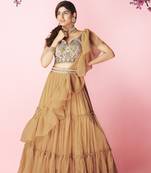 Orange Hand Work and thread embroidered chiffon semi stitched wedding lehenga