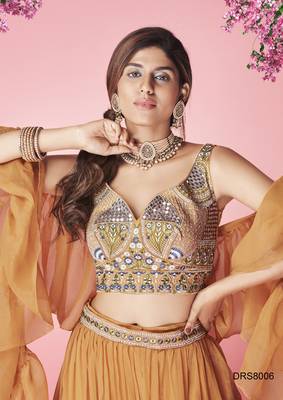 Orange Hand Work and thread embroidered chiffon semi stitched wedding lehenga 2