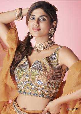 Orange Hand Work and thread embroidered chiffon semi stitched wedding lehenga 3