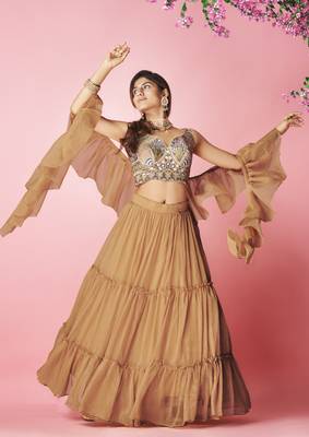 Orange Hand Work and thread embroidered chiffon semi stitched wedding lehenga 4