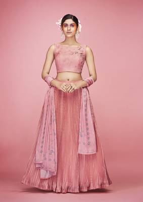 Appealing Peach crush, hand work, and thread embroidered art silk semi stitched lehenga 1