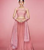 Appealing Peach crush, hand work, and thread embroidered art silk semi stitched lehenga