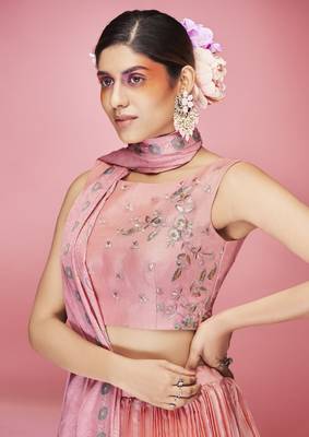 Appealing Peach crush, hand work, and thread embroidered art silk semi stitched lehenga 2