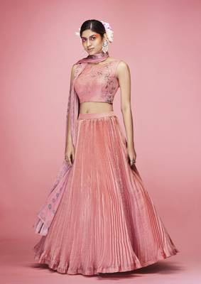 Appealing Peach crush, hand work, and thread embroidered art silk semi stitched lehenga 3
