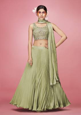 Seductive Olive green crush, hand work, and thread embroidered art silk semi stitched lehenga 1