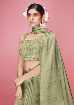 Seductive Olive green crush, hand work, and thread embroidered art silk semi stitched lehenga 2