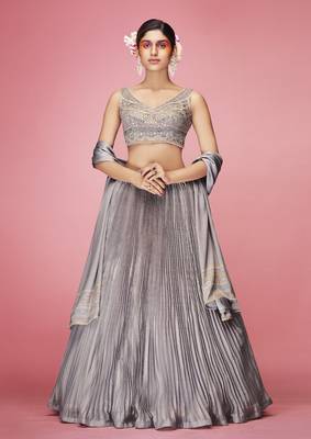 Grey hand work & thread embroidered art silk semi stitched lehenga 1