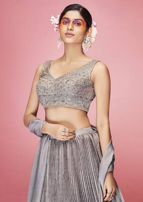 Grey hand work & thread embroidered art silk semi stitched lehenga 2