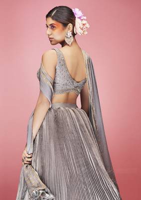 Grey hand work & thread embroidered art silk semi stitched lehenga 3