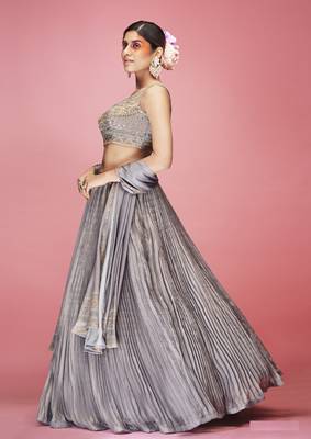 Grey hand work & thread embroidered art silk semi stitched lehenga 4