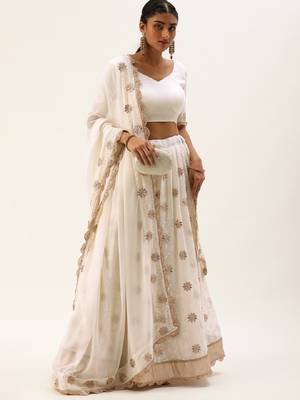 White colour Georgette Thread Embroidery Work Lehenga Choli With Unstitched Blouse And Dupatta 2