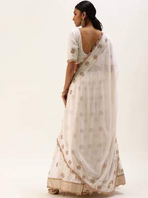 White colour Georgette Thread Embroidery Work Lehenga Choli With Unstitched Blouse And Dupatta 3