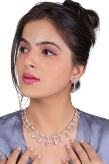 Mad Club Classic Style American Diamond Studded Rhodium White Silver-Plated Necklace Set With Earrings  for Women 