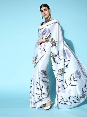 Cream Printed Satin Saree With Blouse 1