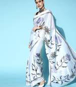 Cream Printed Satin Saree With Blouse