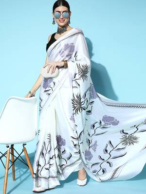 Cream Printed Satin Saree With Blouse 3