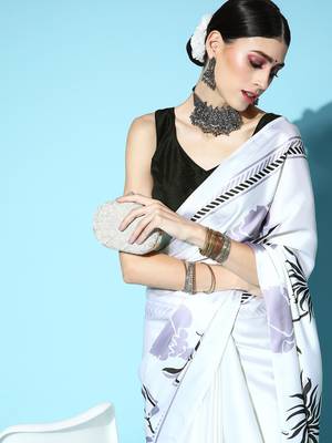 Cream Printed Satin Saree With Blouse 4