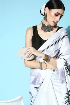 Cream Printed Satin Saree With Blouse