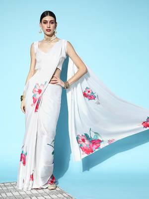 White Printed Satin Saree With Blouse 1