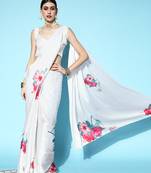 White Printed Satin Saree With Blouse