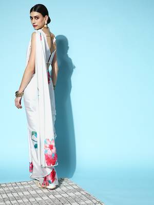 White Printed Satin Saree With Blouse 2