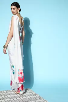 White Printed Satin Saree With Blouse