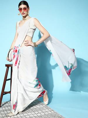 White Printed Satin Saree With Blouse 3