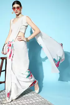 White Printed Satin Saree With Blouse