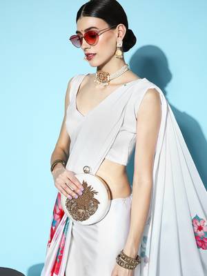 White Printed Satin Saree With Blouse 4