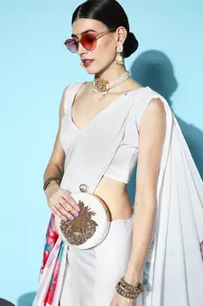 White Printed Satin Saree With Blouse