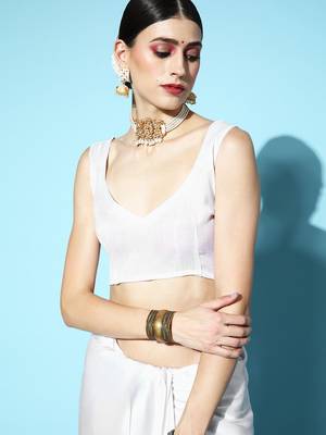 White Printed Satin Saree With Blouse 5