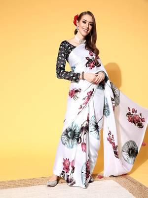 White Printed Satin Saree With Blouse 1