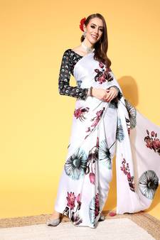 White Printed Satin Saree With Blouse