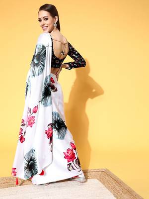 White Printed Satin Saree With Blouse 2