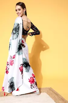 White Printed Satin Saree With Blouse