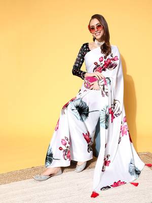 White Printed Satin Saree With Blouse 3