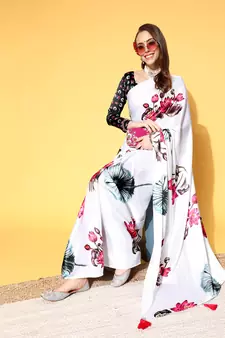 White Printed Satin Saree With Blouse