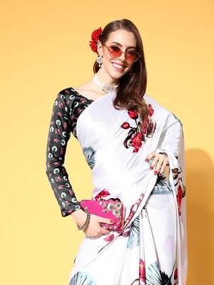 White Printed Satin Saree With Blouse 4
