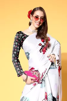 White Printed Satin Saree With Blouse