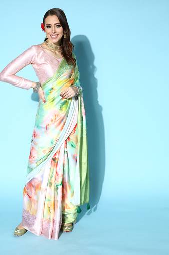 Multicolor Printed Satin Saree With Blouse