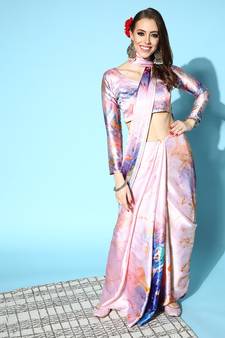 Multicolor Printed Satin Saree With Blouse