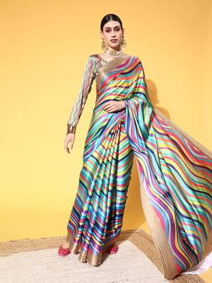 Multicolor Printed Satin Saree With Blouse 1