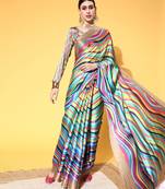 Multicolor Printed Satin Saree With Blouse