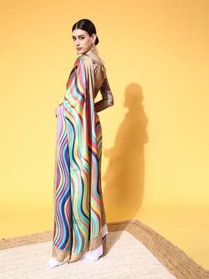 Multicolor Printed Satin Saree With Blouse 2