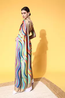 Multicolor Printed Satin Saree With Blouse